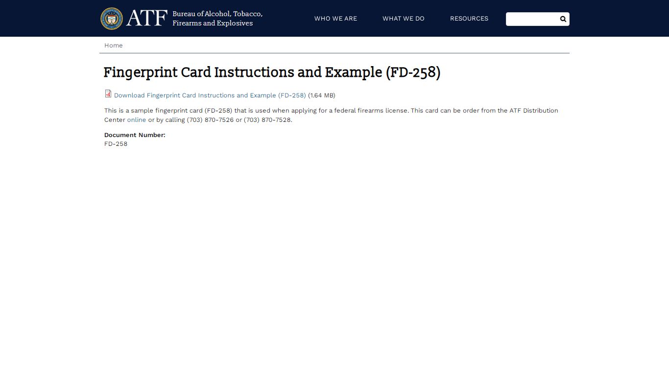 Fingerprint Card Instructions and Example (FD-258)